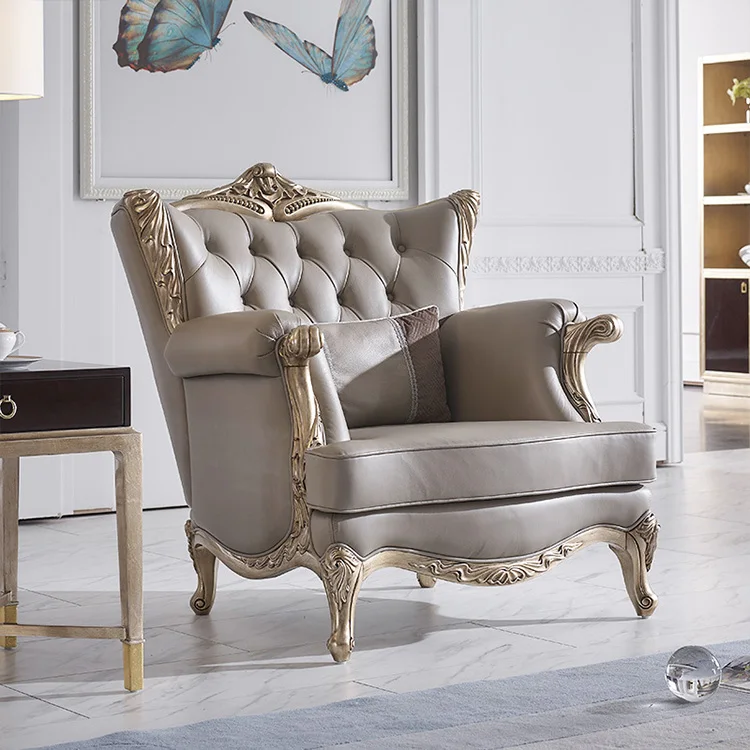 Modern Customized Light Luxury Royal French Designer Carved Solid Wood Upholstered Living Room Sectional Genuine Leather Sofa