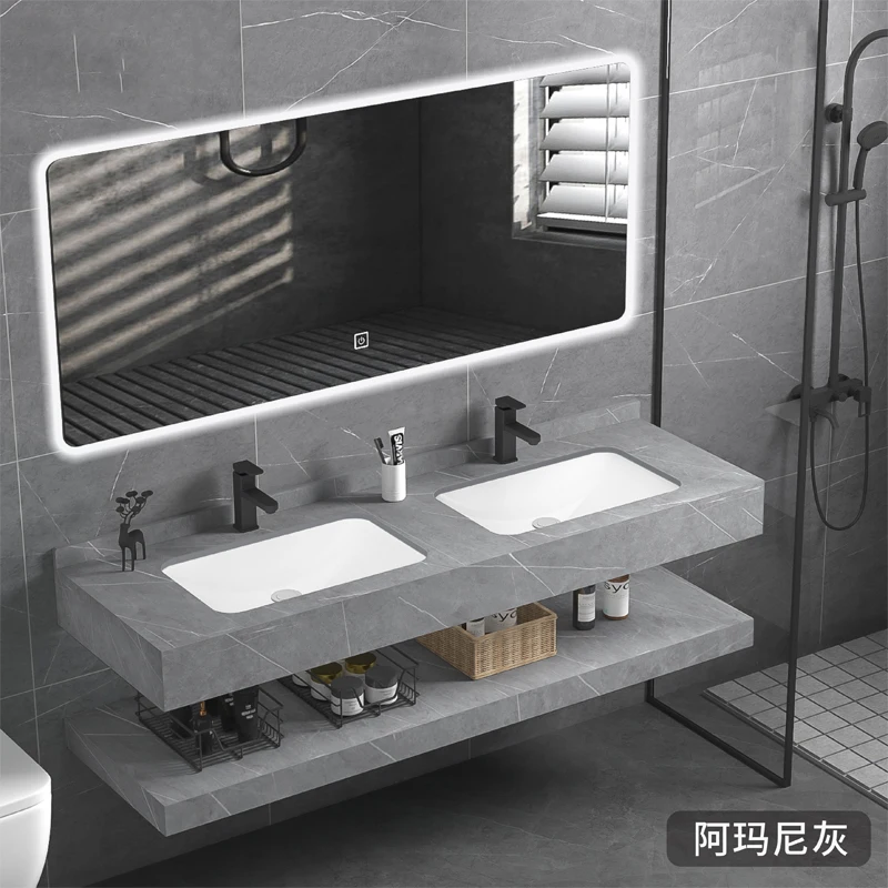 New marble bathroom vanity with LED mirror  rock slate bathroom vanity cabinet with ceramic basin and towel shelf