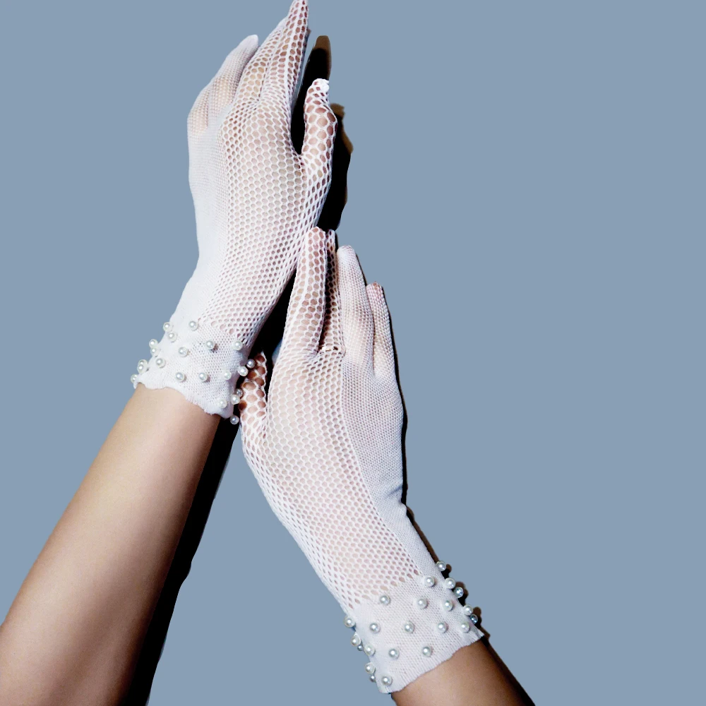 Кружевные перчатки с сенсорным экраном полупрозрачные черные эластичные сетчатые перчатки для невесты с жемчугом