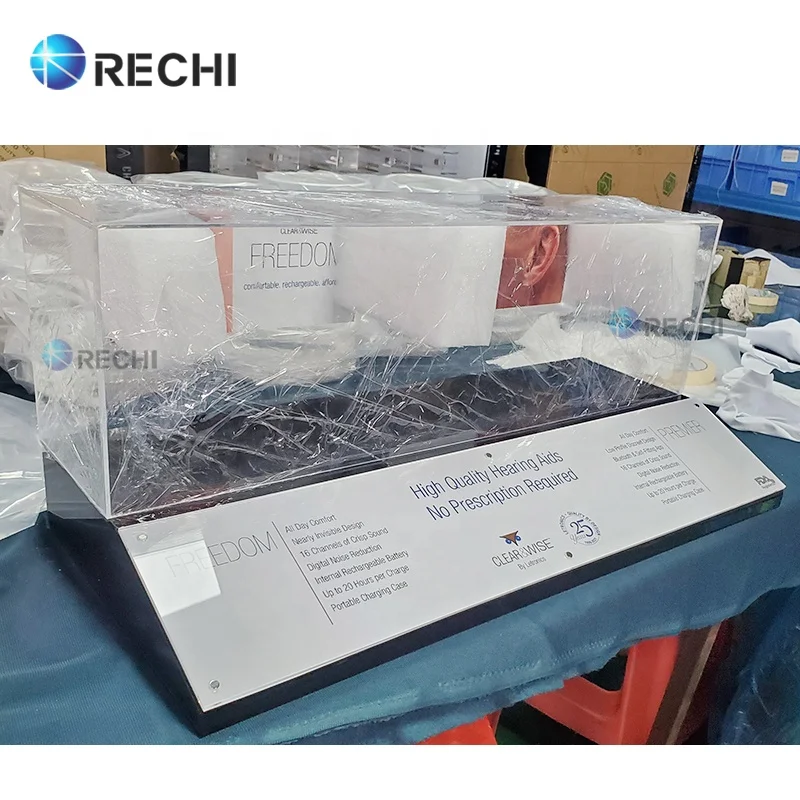 RECHI Custom Counter Acrylic Retail Demo POS Display Stand Case For Hearing-Aids Perspex Display Box With Sign for TWS Earphone