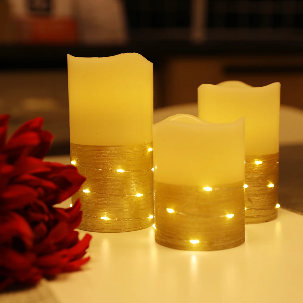 Set of 3 flameless battery operated flickering timer led paraffin wax candle