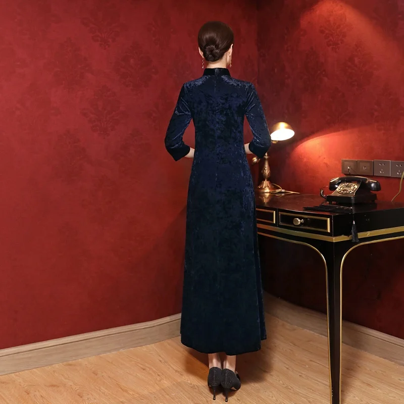 Платье-Ципао женское длинное из бархатной ткани, с рукавом до локтя