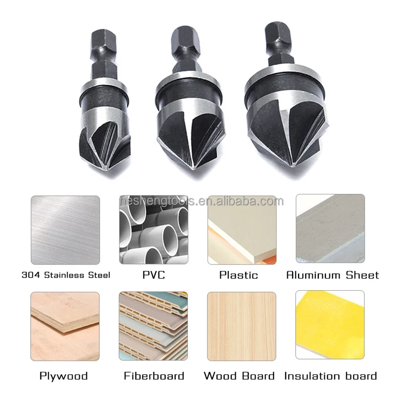 3PCS Carbon steel 90 degrees round handle five edge chamfering device three 12/16/19mm chamfering drill hole for cutting wood