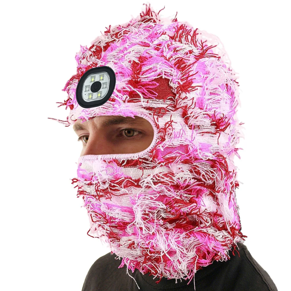 Wholesale Full Face Cover Motorbike Skull One Hole grassy custom ski masks distressed balaclava with LED light Light Beanie