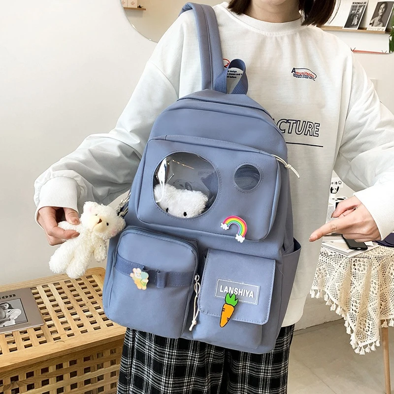 Cute Nylon Canvas College 5 pcs Schoolbag Backpack Sets Pink Travel Shoulder School Bag for Women Girls Student