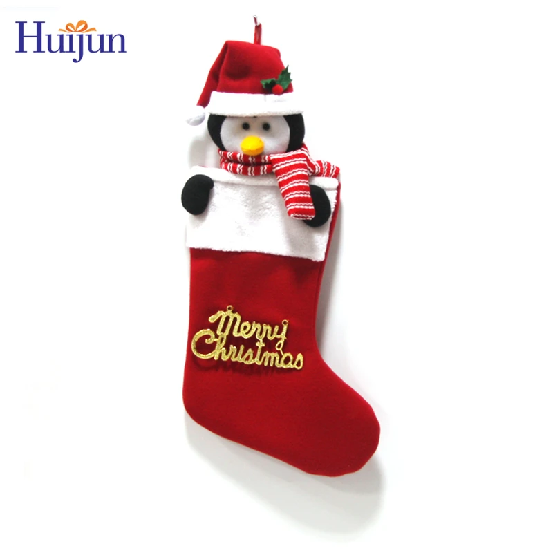 China Manufacture Set of 4 3D Fleece Santa Snowman Elk Penguin Christmas Stockings For Christmas Decoration