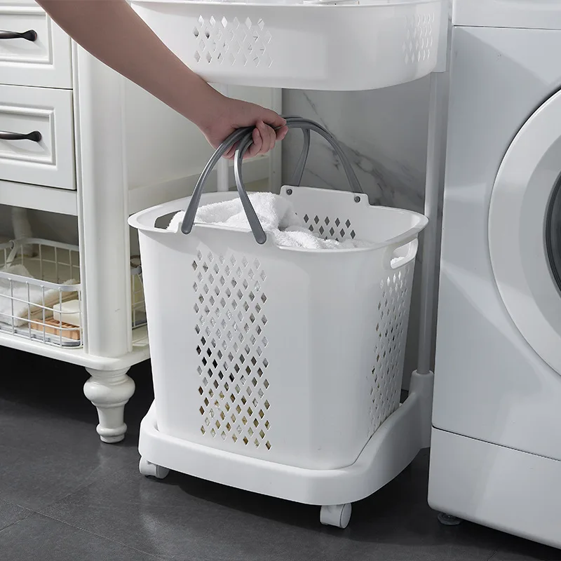 2-layer 44*32.5*73.5cm Layered Storage Bathroom Decor Plastic Dirty Laundry Basket On Wheels