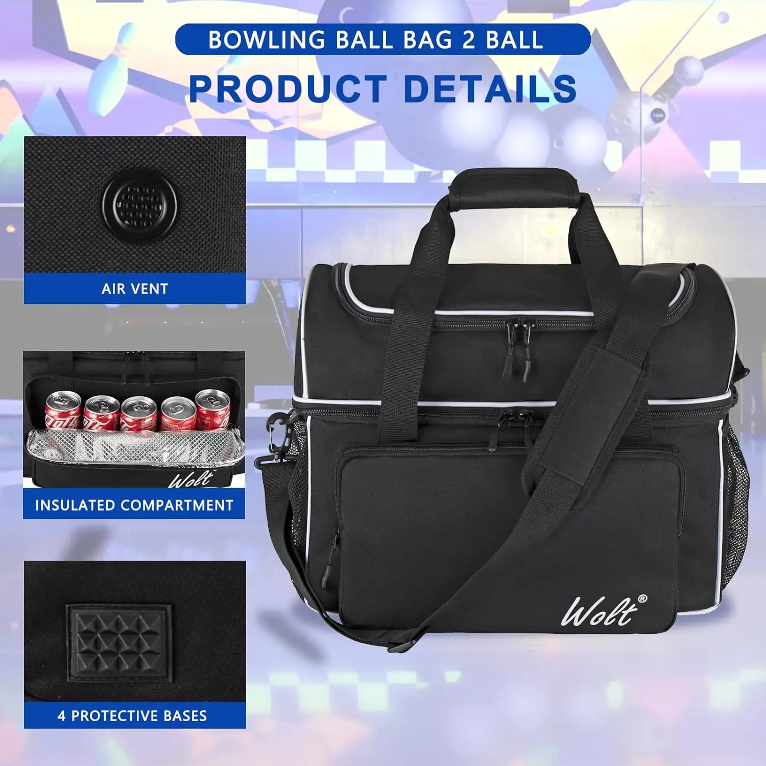 WOLT Bowling Ball Bag for 2 Balls with Padded Ball Holder- Fits Bowling Shoes bowling accessories