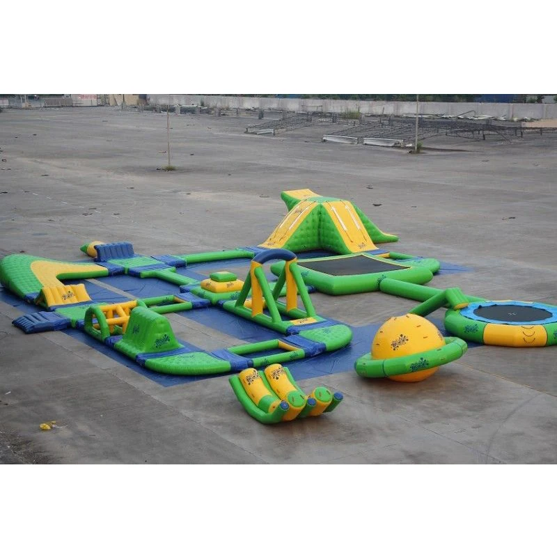 25x24 mts green N yellow giant inflatable water park for kids N adults with water trampoline