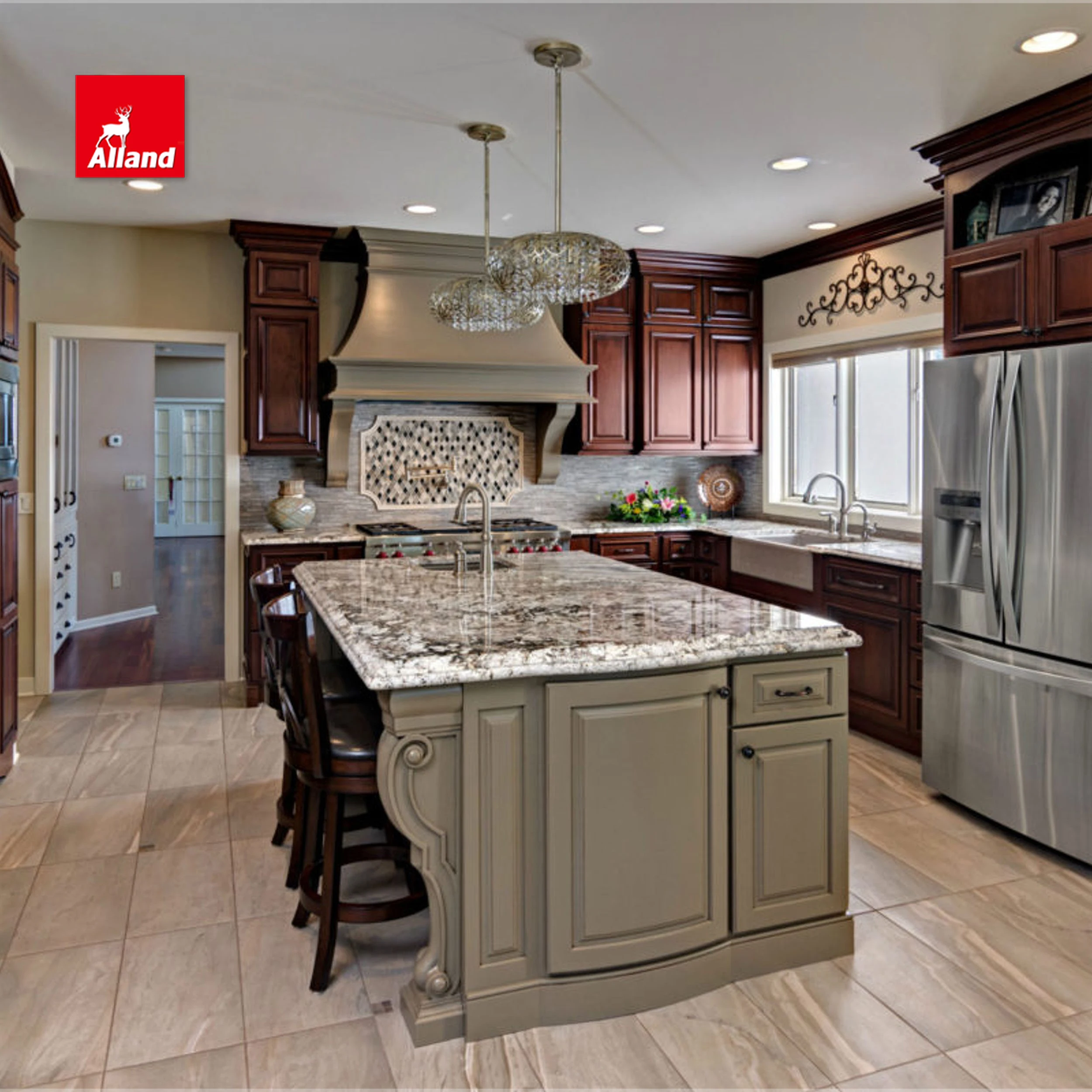 Американский фирменный винтажный приподнятый утопленный кухонный шкаф с римской колонной для вишневого ремесла и раковиной из огненной глины