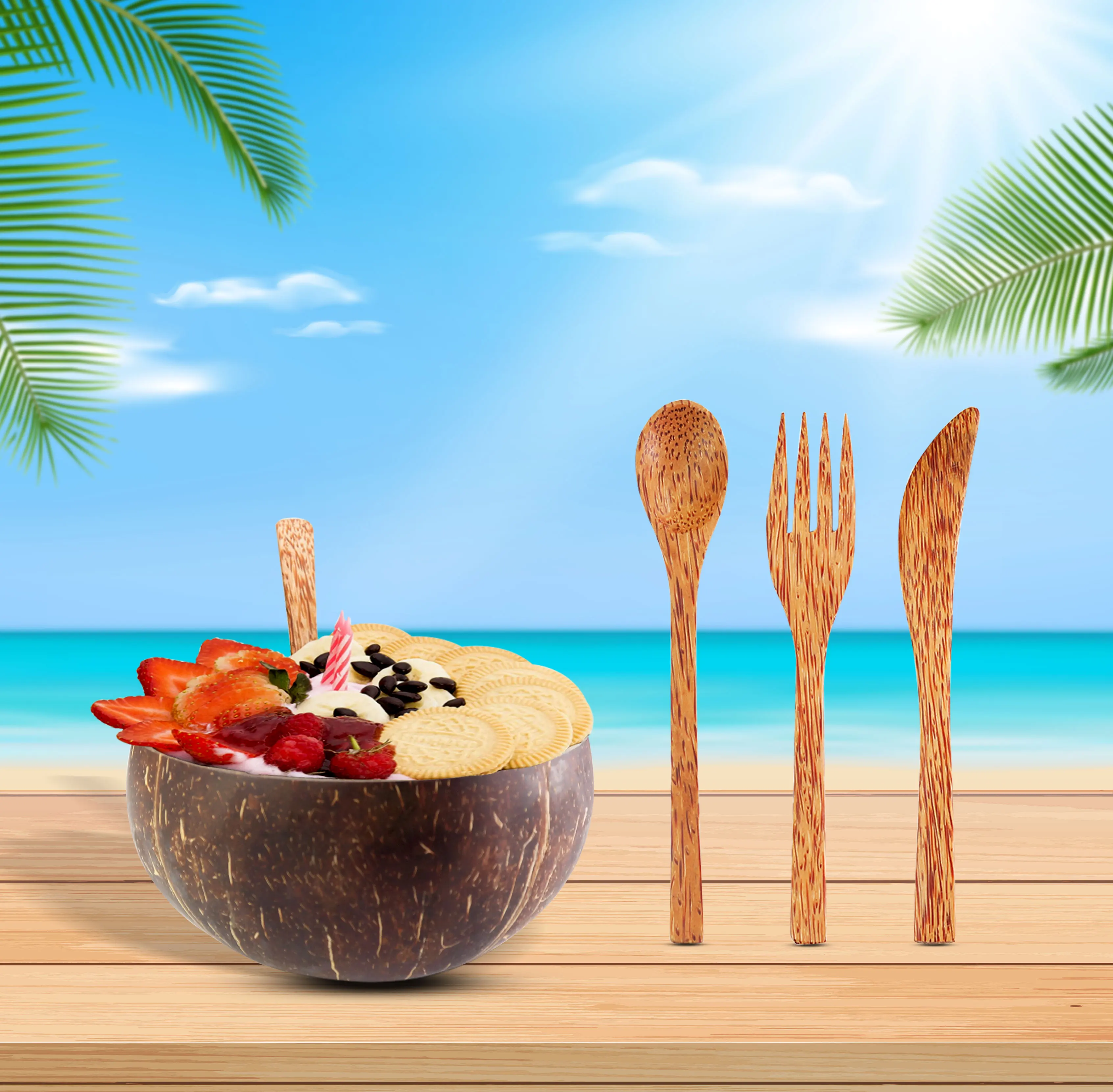 Natural Custom Salad Ice Cream Coconut Shell Bowl Products Lacquer Coconut Bowls And Wooden Spoon Sets