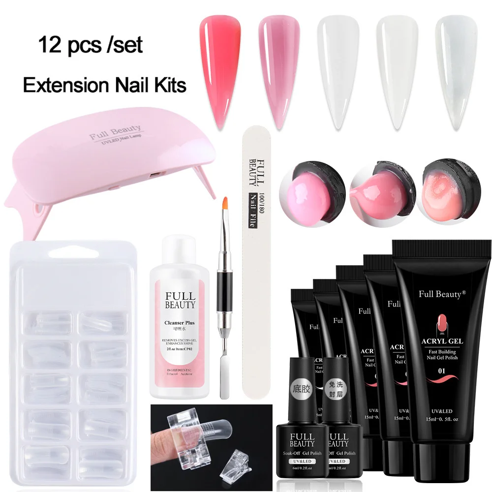 11/13pc Nail Gel Extension Poly Kit Fast Drying UV Lamp Nails Art Building Form Set