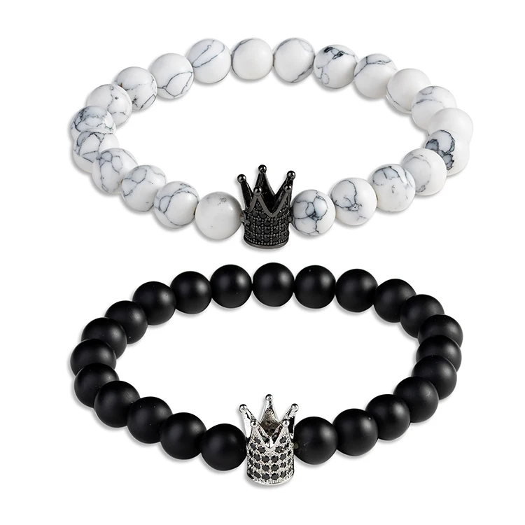 
Hot Sell Crown Natural Stone Couple Bracelet Men Women White Turquoise Black Onyx Beaded Bracelets 