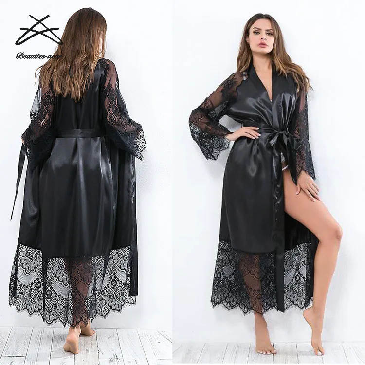 2021 New one piece style long women sexy lingerie plus size sexy pajamas belt lace silk robe lingerie coat nightgowns sleepwear