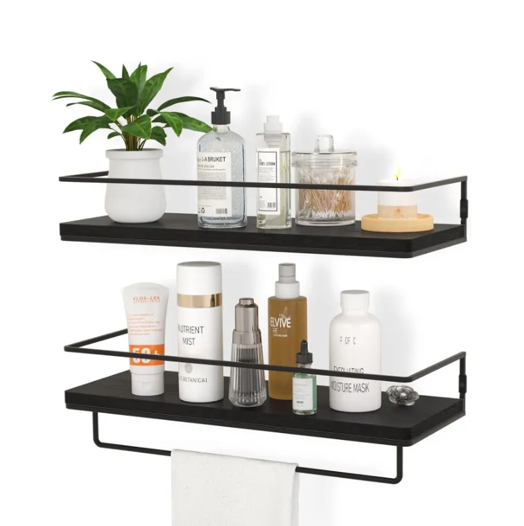 Farmhouse Decor Rustic Set Of 2 Bathroom Towel Rack Metal Wood Floating Shelves For Wall