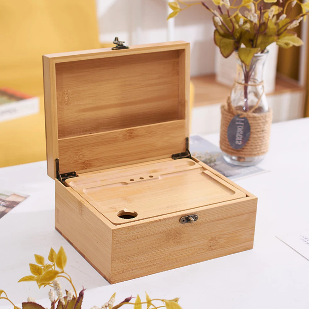 Removable Dividers Design Wooden Stash Storage Box Natural Bamboo Wood Stash Box With Lock Rolling Tray