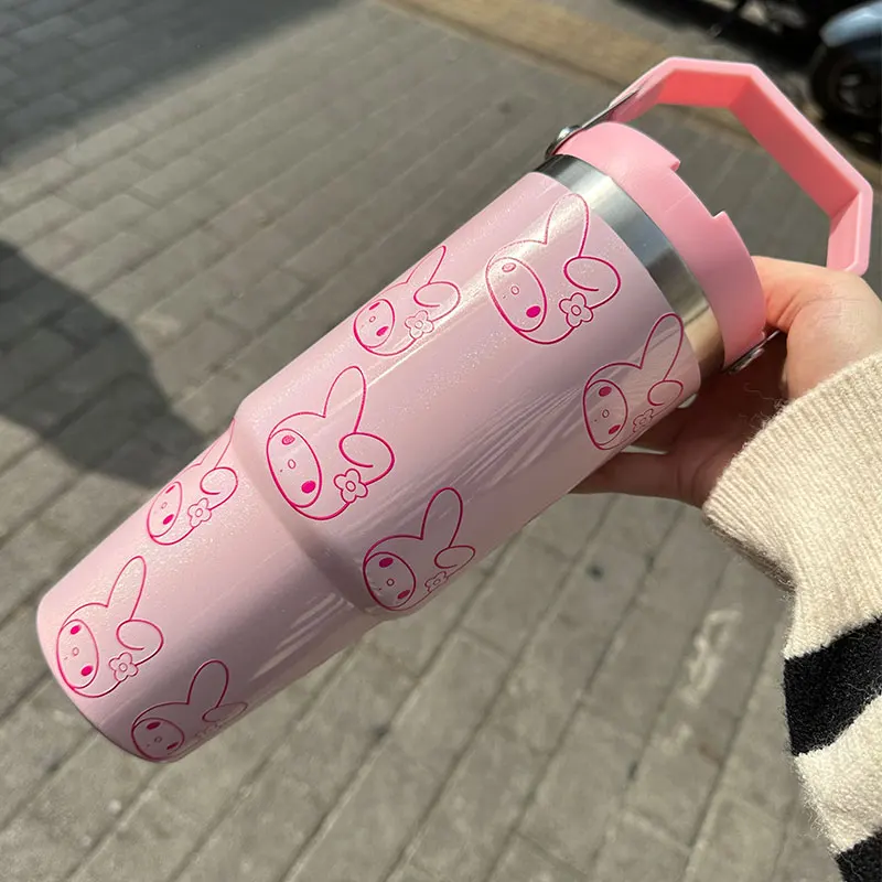 Luxury Thermal 20oz 30oz Cartoon Kitty Kids Straw Drink Cup Travel Mug Vacuum Insulated Stainless Steel Tumbler with Handle