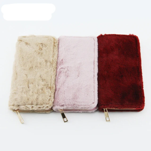 promotional funky girls gold zip long slim passport card  purse fluffy furry wallet