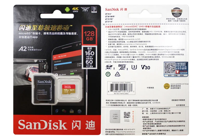 Оригинальный двойной флеш-накопитель SanDisk A2 Extreme 256 ГБ Micro SD карты 128 U3 64 карта памяти V30 Class10 флеш-карты с 4K