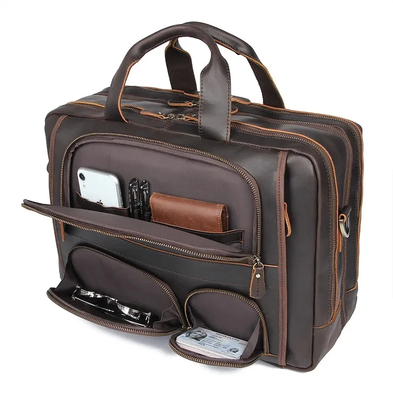 Vintage Retro Crazy Horse Genuine Leather Briefcase For Men Cowhide 17 Inch Laptop Messenger Business Bags