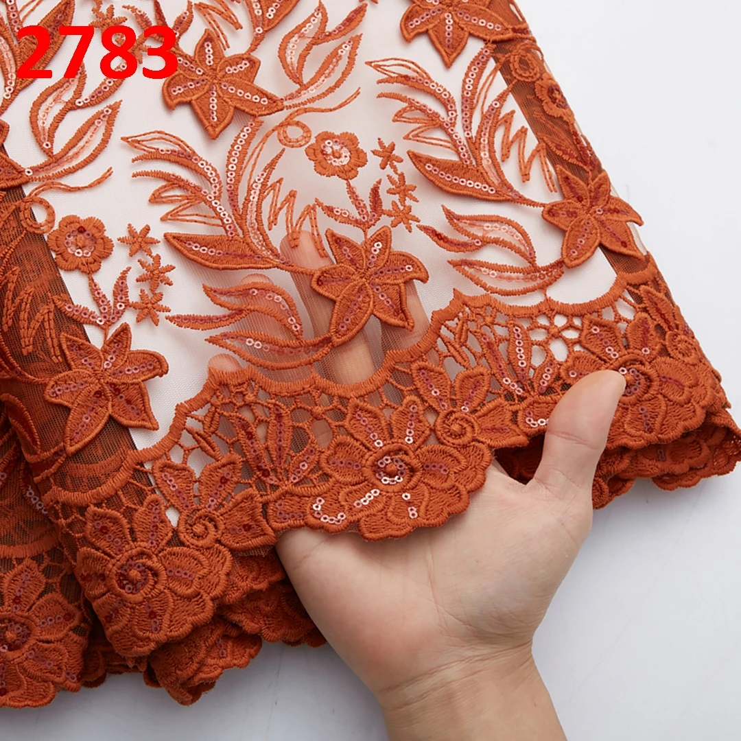 2783 Burnt Orange African Milk Lace Fabric With Rhinestones For Party Dress Embroidery Nigerian Tulle Net Lace With Appliques