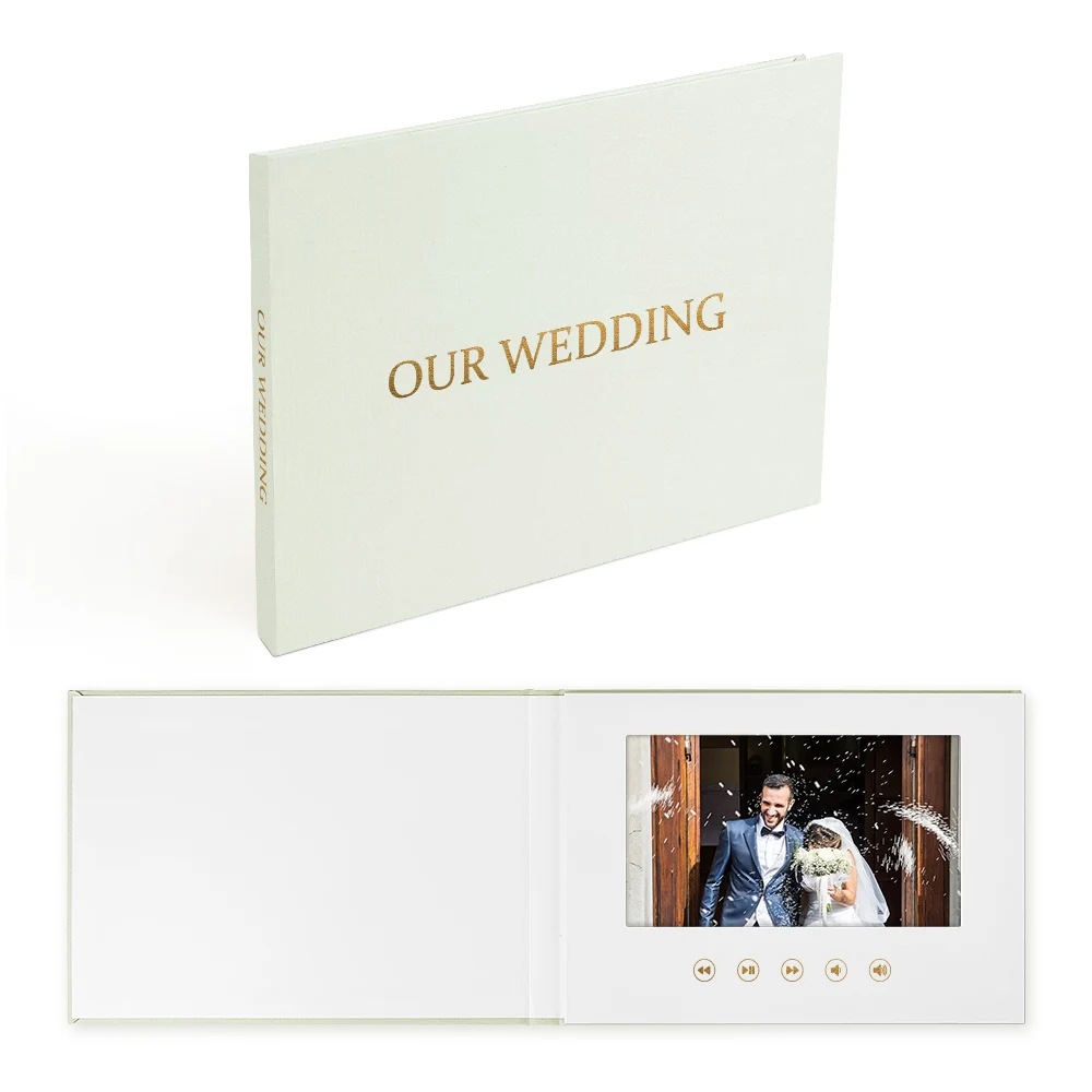 High Quality Wedding Invitation Card With 7 Inch linen hardcover wedding video brochure with gold foil video memory book
