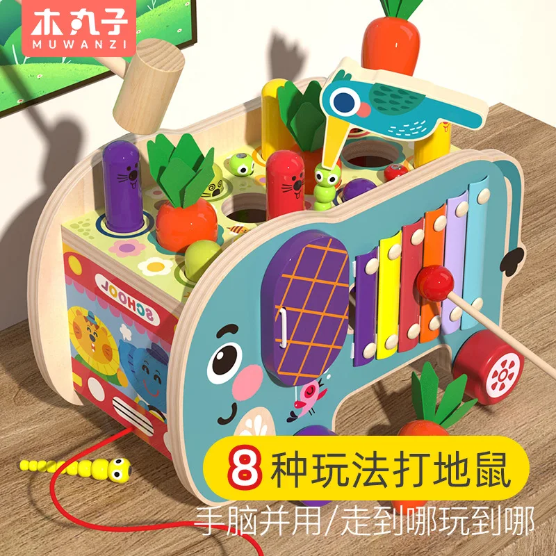 8 in 1 Elephant Wooden Hammering Pounding Toy Whack A Mole Game with Xylophone Montessori Toys for Toddlers Activities Gift