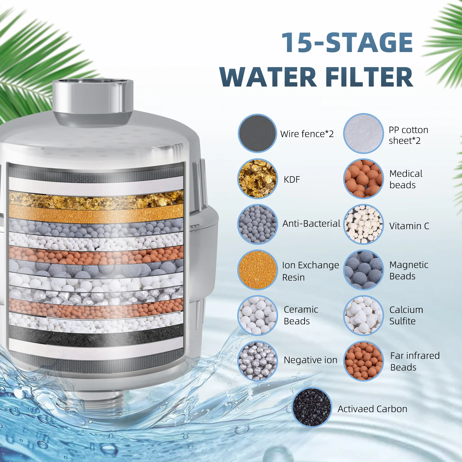 15 Stage Chrome Shower Water Filter With Carbon FDF Removing Chlorine Shower Head Filters For Hard Water