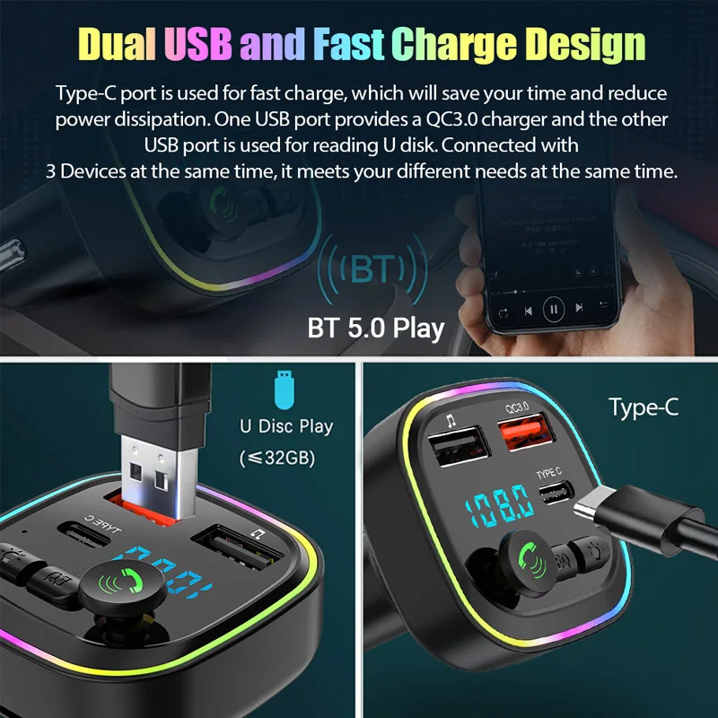 Qc3.0 Fast Charging Wireless Handsfree Car Kit Stereo Bass Fm Modulator Transmitter Car FM Transmitter Type C Car Mp3 Player