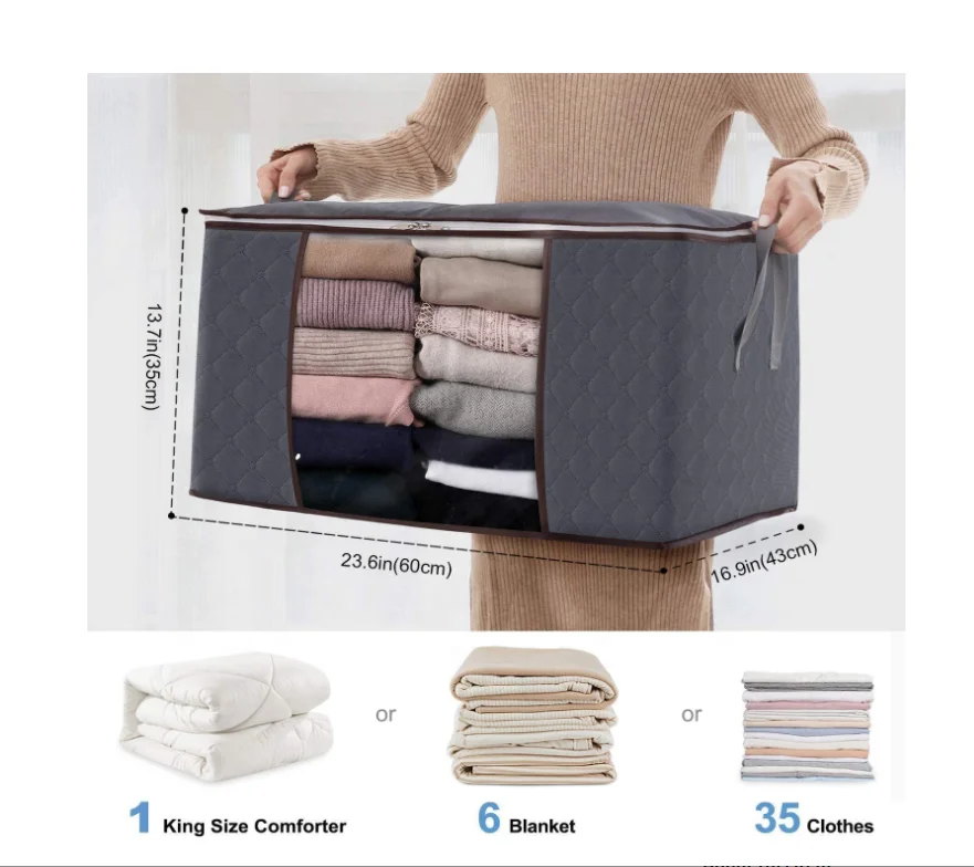 amazon hot sell 3 Pack Large Capacity Thick Fabric Clothes Storage Bag Foldable Zipper Organizer with Reinforced Handle