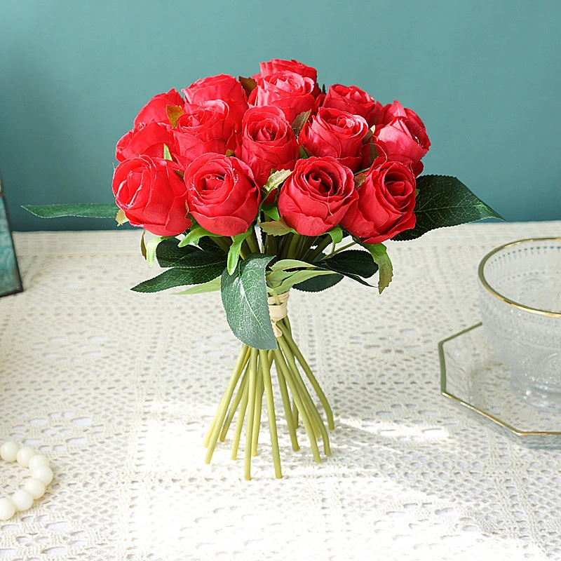White 18 Heads Brides Flower Artificial Rose Bouquet for Wedding