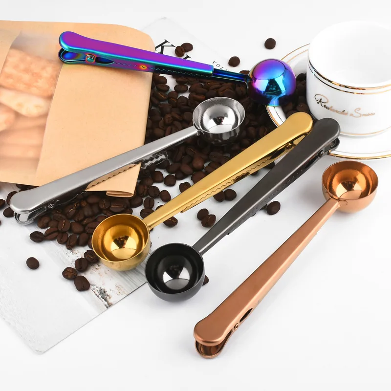 Coffee Measuring Spoon Milk Powder Scoop Stainless Steel Coffee Bean Spoon with Bag Clip