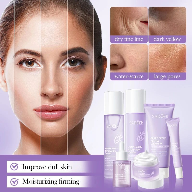 OEM SADOER Private Label Korean Grape Seed Multi-effect Moisturizing 6-piece set Face Skincare Anti Aging Repair Skin Care Set