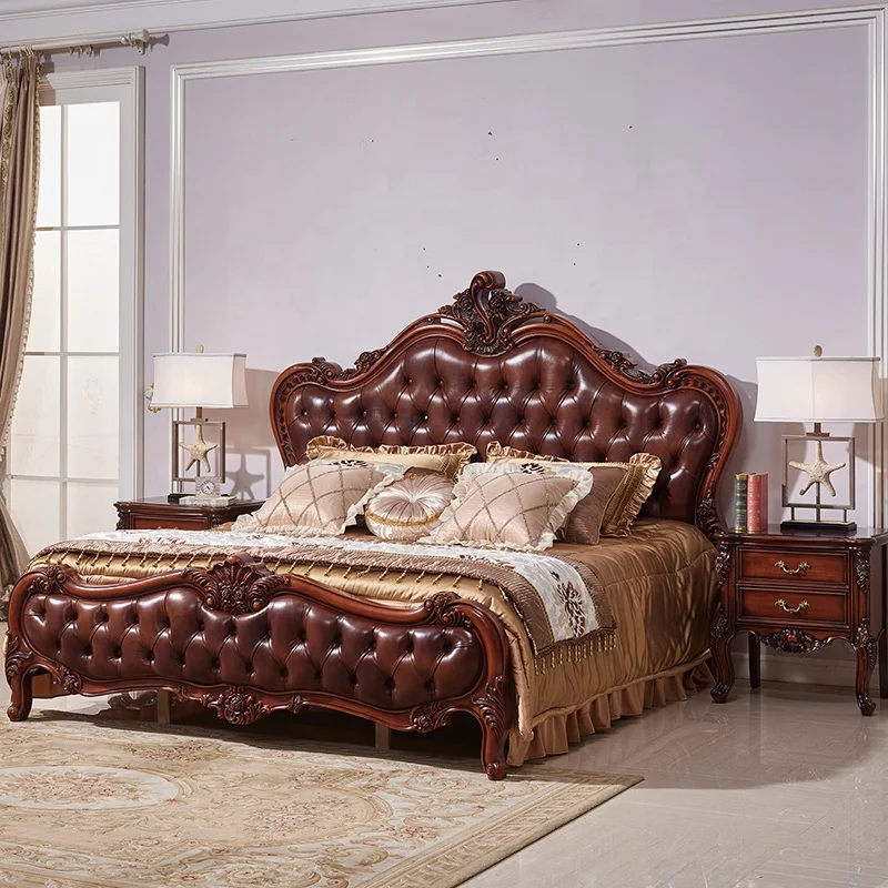 European Royal Luxury Wooden Carved Genuine Leather King Size Furniture Bed Room