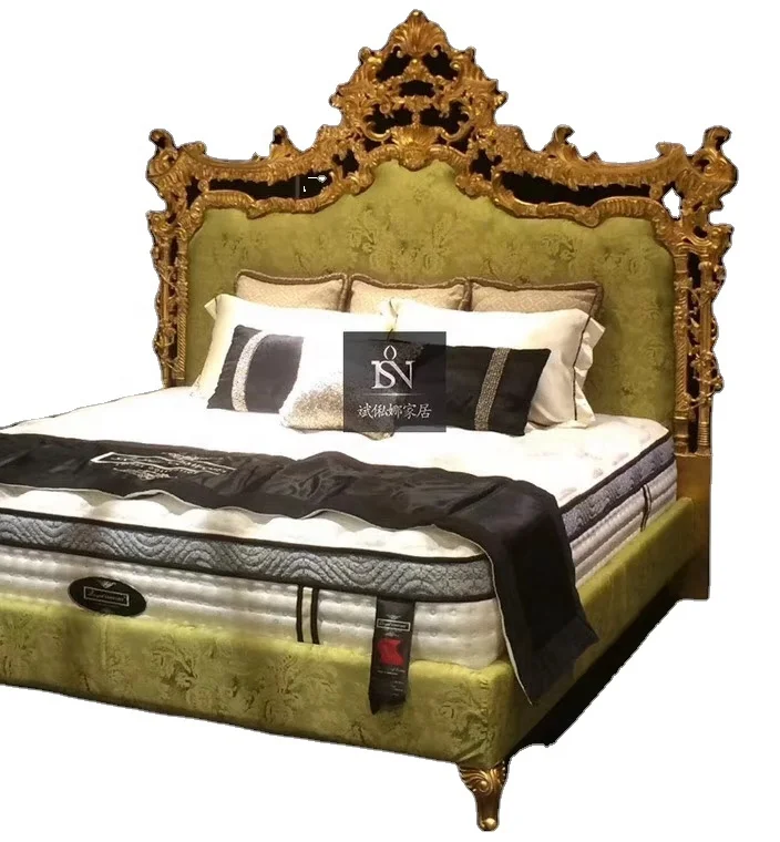 Европейский классический стиль антикварный глянцевый золотой лист Королевский размер деревянный набор для спальни Роскошный Интерьер домашней мебели