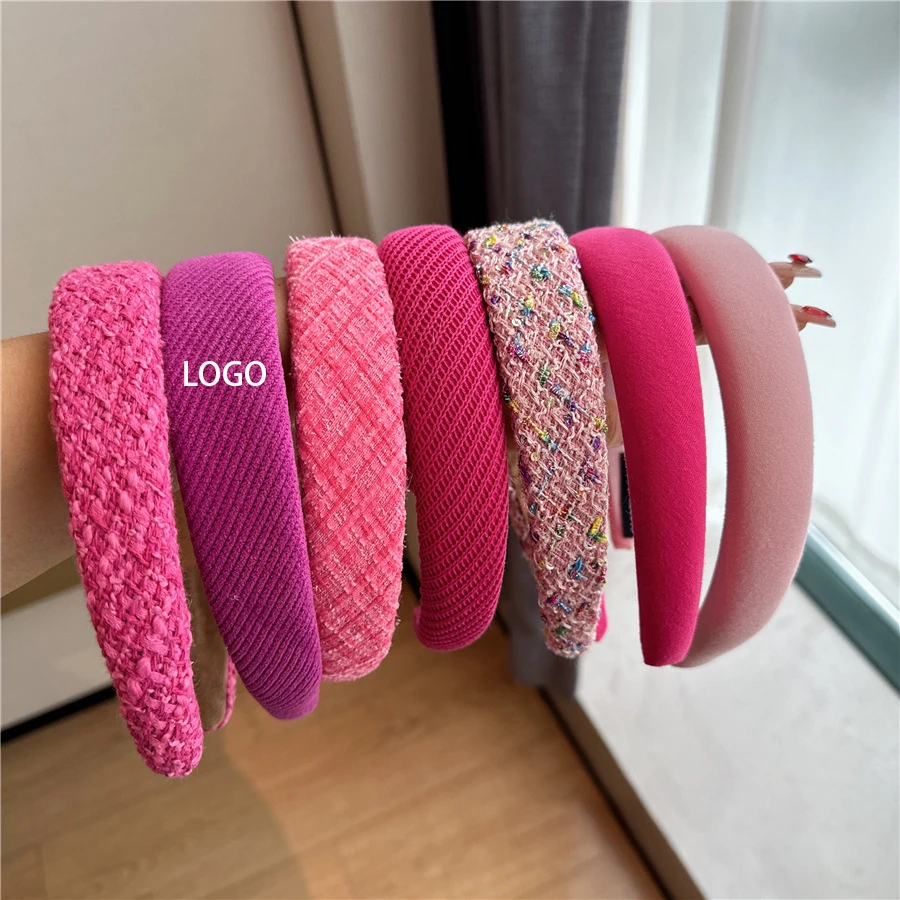 Catalog Famous Luxury Brand Designer Accessories Women Girls Wide Sponge Padded Hairband Thick Winter Tweed Fabric Pink Headband