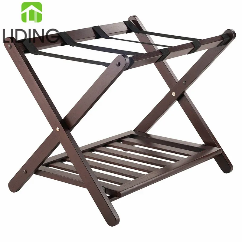 Foldable Luggage Rack with a Lower Shelf Hotel Room Bamboo Folding Luggage Storage Standing Rack