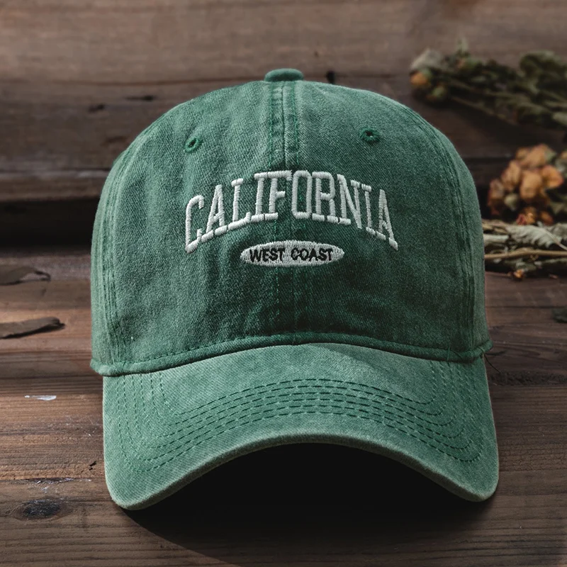 New Dark Green Hat Trend Curved Brim Washed Dad Cap Men Embroidered Letters Peaked Cap Women