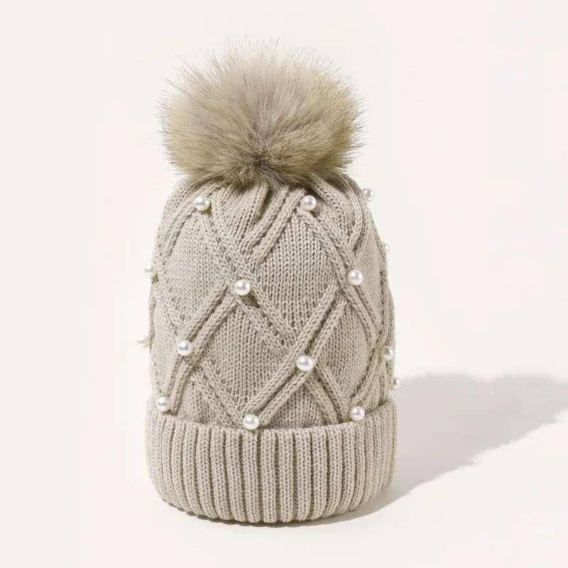 HZM-22247 Winter women ladies fur pom pom beads pearl knitted beanie hat