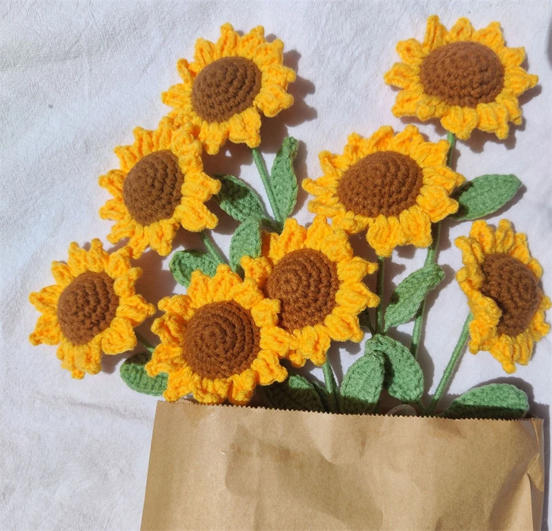 Crochet Flower Hand-knite Sunflower Yellow Orange Knitted Sunflower For Decoration Gift