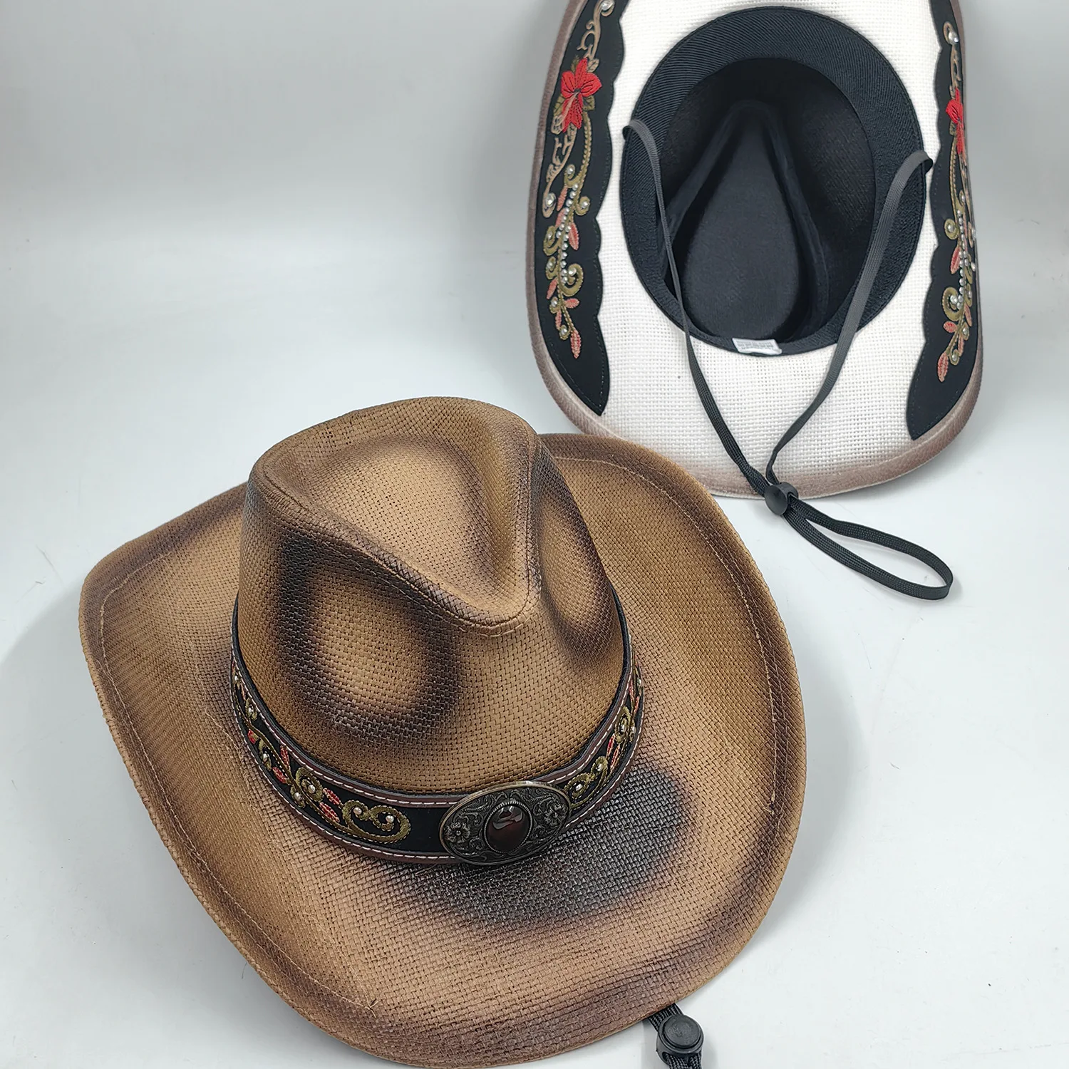 Men Women Vintage Embroidered Cashew Nut Flower Ethnic Straw Hat Outdoor Mountaineering Windbreak Ethnic Sun Protection Jazz Hat