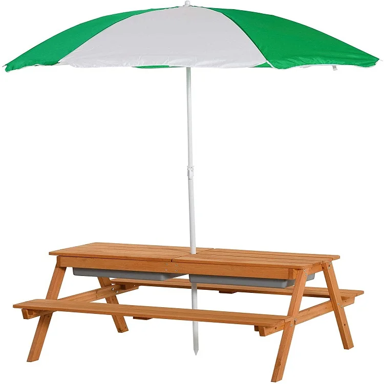 Outdoor Wood Picnic Table And Bench Set With Umbrella and sandbox Kids Backyard Furniture Gift For Ages
