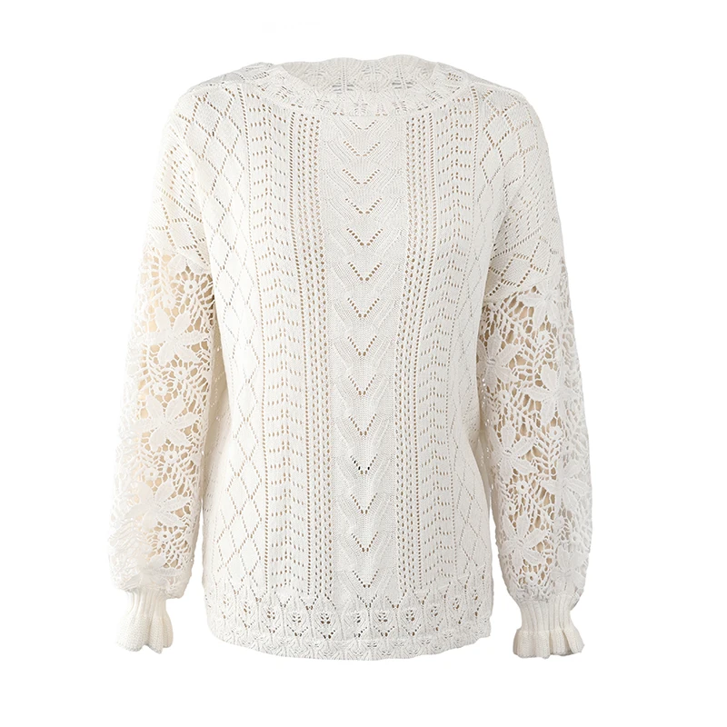 2022 womens sweaters loose solid color knitwear hollow out lace knitted pullover sweaters