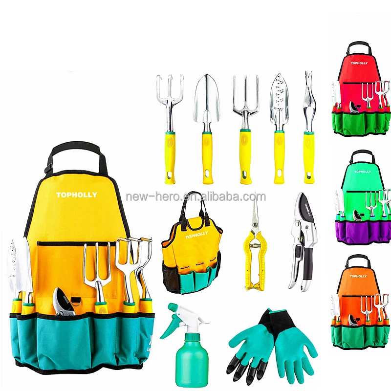New 11 Piece 2 in 1 Storage Apron & Tote Bag Alloy Gardening Tool Kit Shovel Fork Rake Shear Sprayer Weed Digger Garden Tool Set