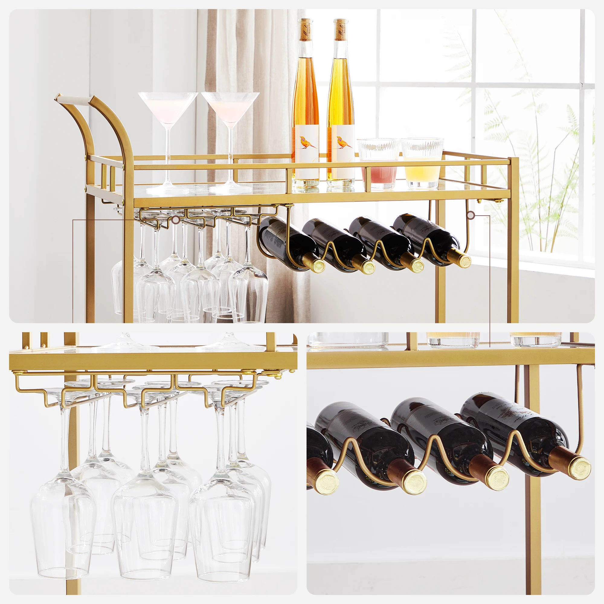 VASAGLE Home Glass bar Cart Trolley Hotel Serving Luxury With Wine and Holders Gold champagne Mobile