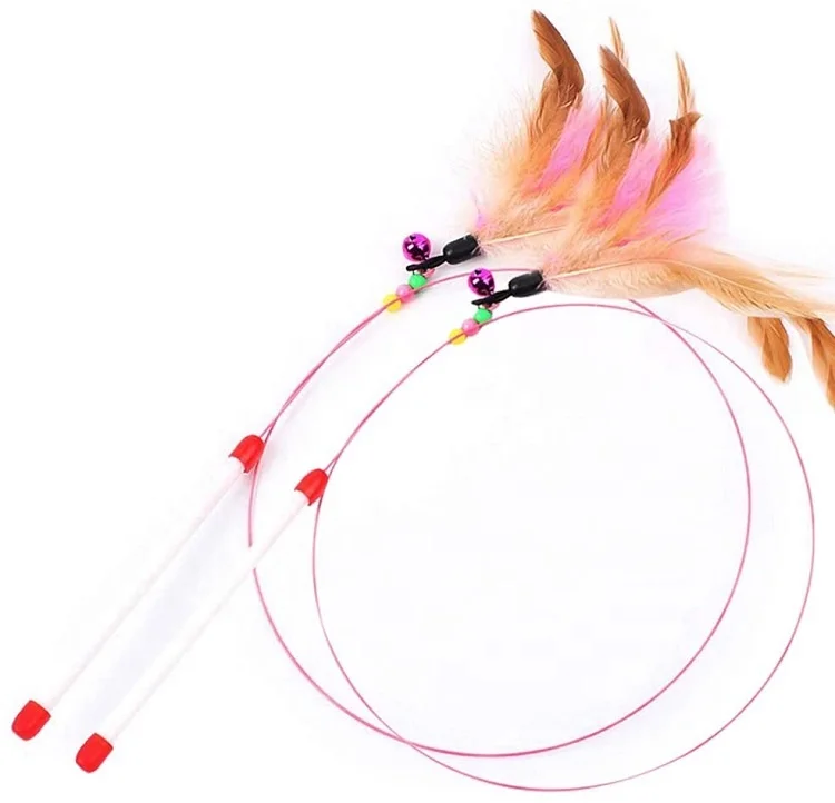 Manufacturer Wholesale Pet Wire Dangler Wand with Beads Bells and Feather Interactive Cat Teaser Toys