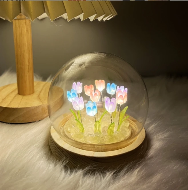 Wholesale DIY popular tulip lamp 9/10/13/16/20 tulip flowers decoration lamp clear crystal glass dome craft led  tulip lamp