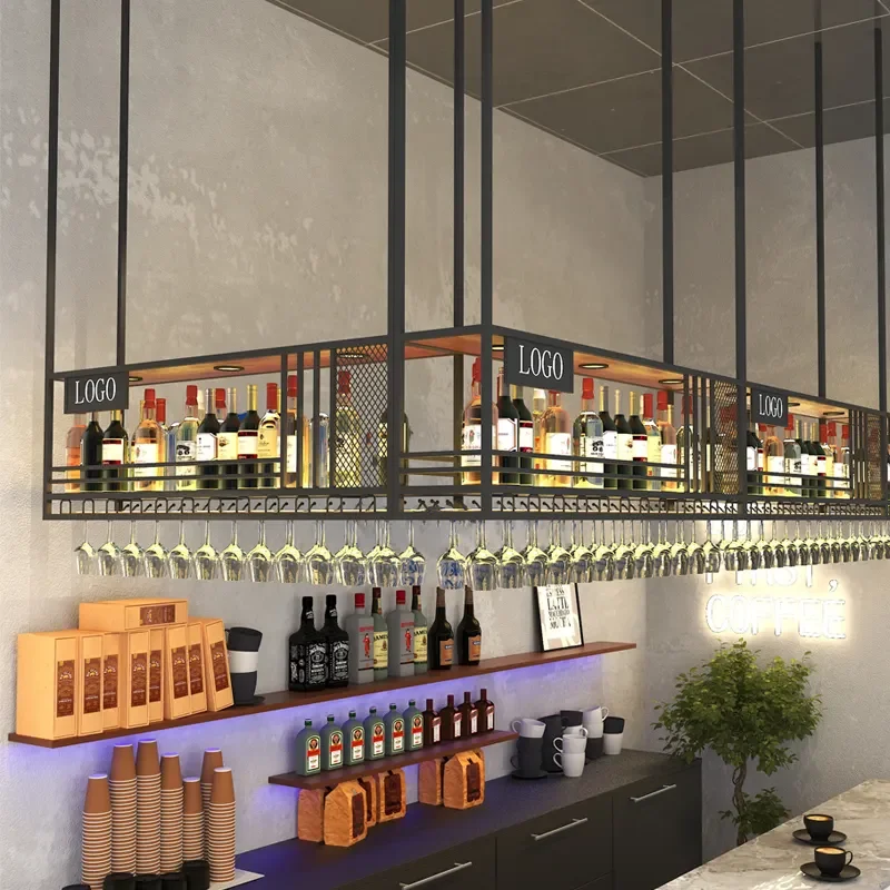 Customized Bar Counter Top Wine Glass Storage Racks Restaurant Ceiling Hanging Storage Racks Bar Furniture Metal Wine Rack