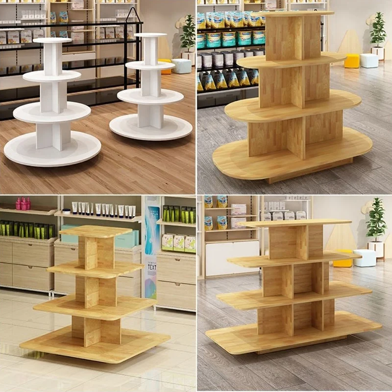 wooden rubber wood plank commercial shopping mall display stands retail cosmetic store display racks with accessaries