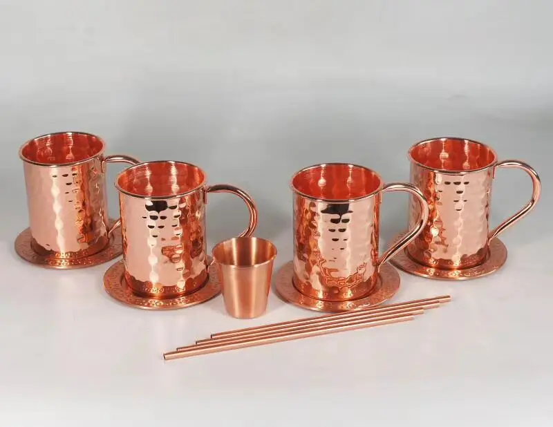 Copper Mug With Copper Handle Food-Safe Hammered Drinking Water and Beer Gift Set Cups for Moscow Mules